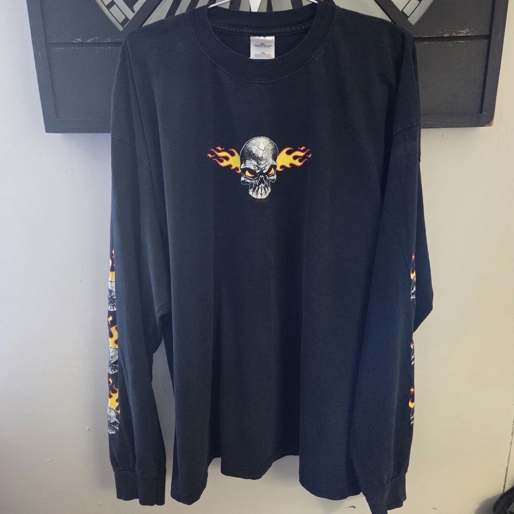 Vintage Y2K Grunge Flaming Skull Fire Goth Long Sleeve Tshirt XXL Gildan Heavywe - Picture 11 of 13